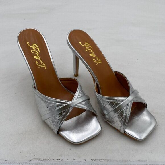 FOWT Silver Metallic Croc-embossed Mules Square Toe Cross Narrow Band Sandals - Picture 4 of 8